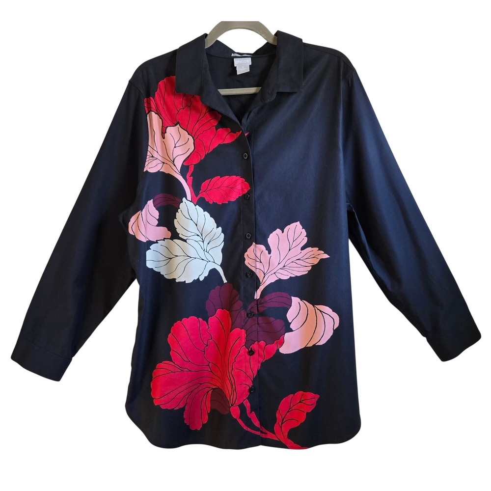 Chicos Chic No-Iron Stretch Bold Floral Button Down Shirt Black Red Pink Sz 3/XL